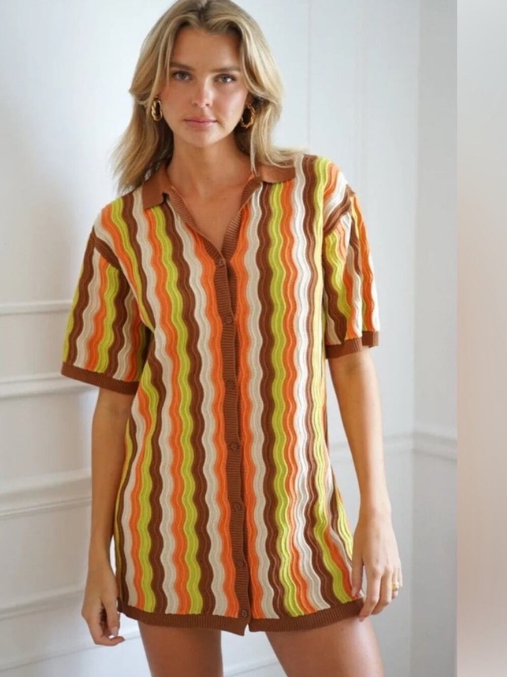 Yllw The Label Knit Button Front Wavy Stripe Short-Sleeve Cardigan Mini Dress